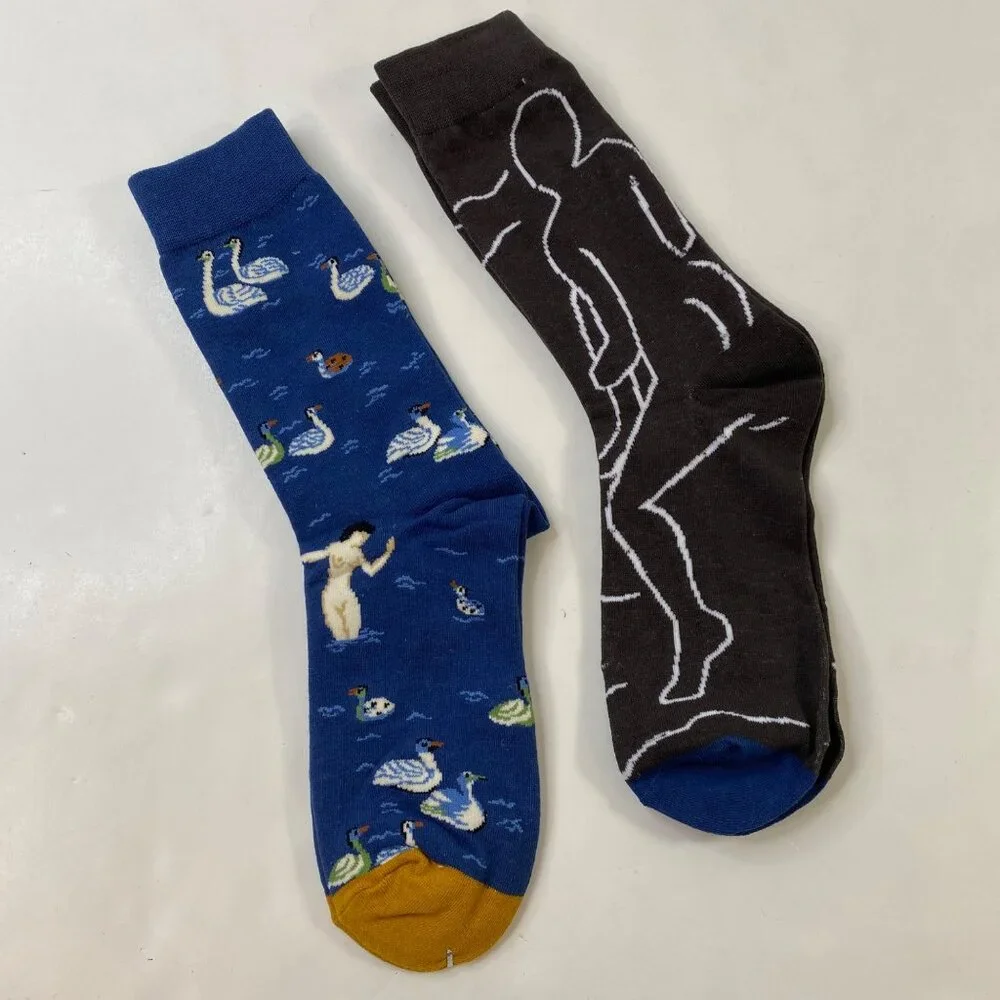Unisex Crew Socks Set 2 Abstract Art Print Swans Nudes Blue Black White Yellow